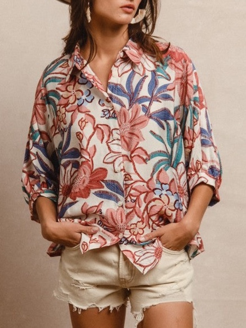 Bibi Bold Multicolor Floral Print Oversized Button Down Top - Picture 2 of 10